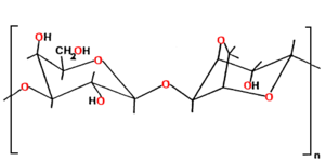 De la poudre d'agar-agar (en haut) et structure moléculaire de l'agar-agar (en bas)
